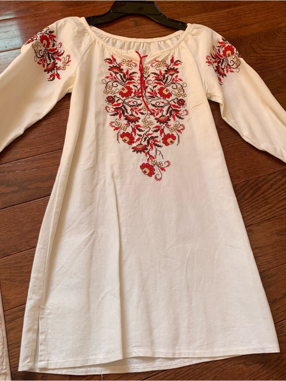 White Embroidered Peasant Dress with Red Floral Detail